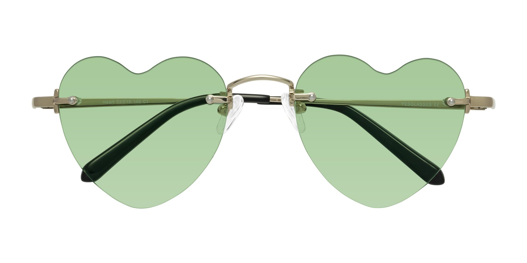 Folded Front of Heart in Gold with Medium Green Tinted Lenses