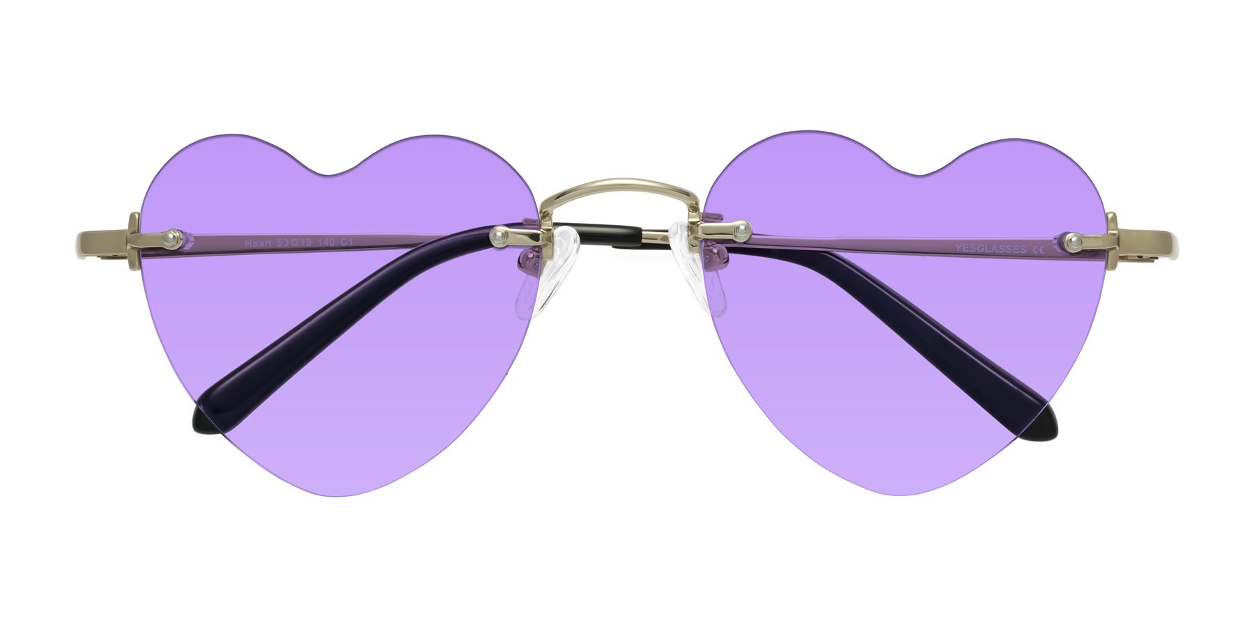 Folded Front of Heart in Gold with Medium Purple Tinted Lenses