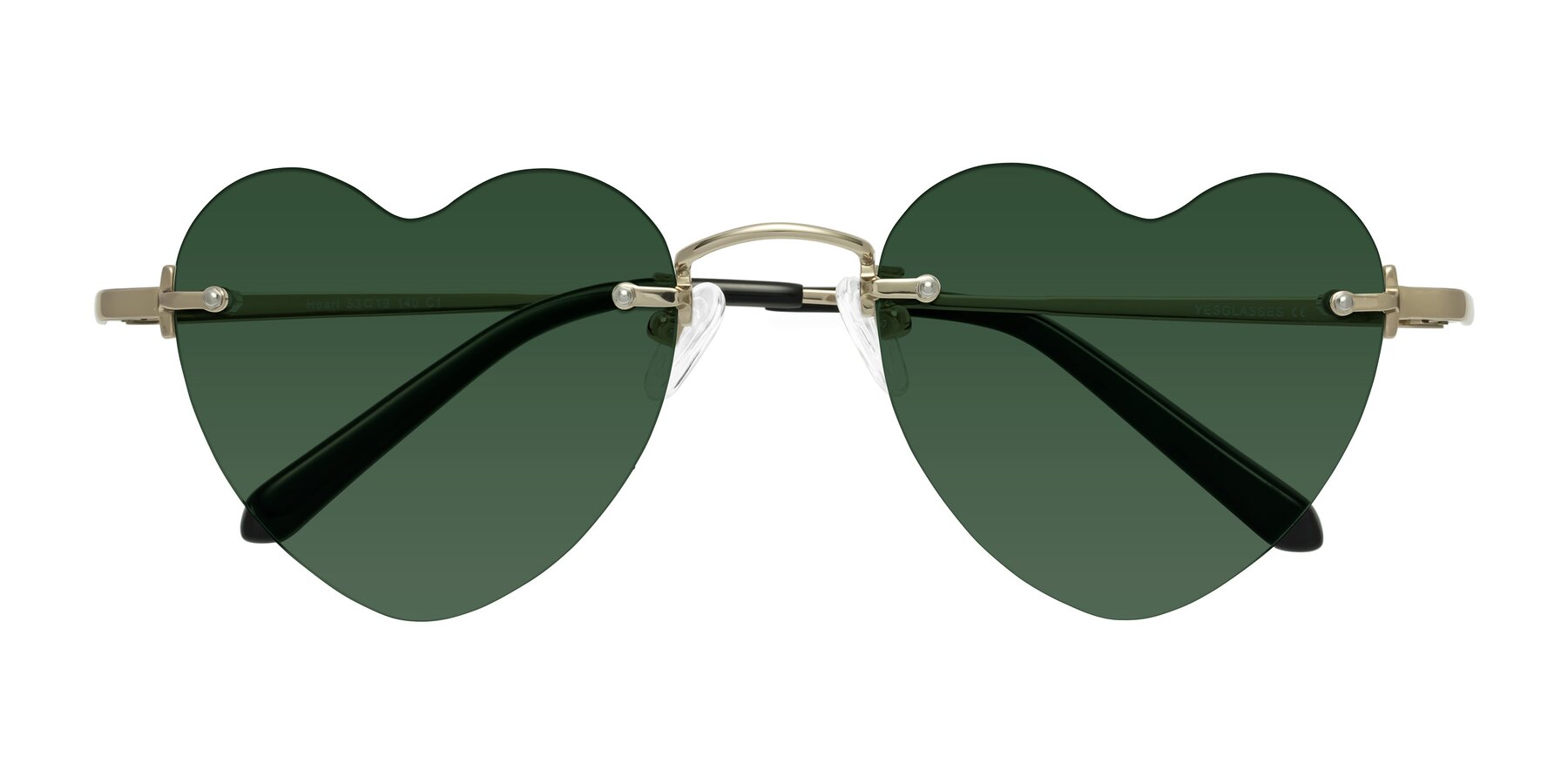 Folded Front of Heart in Gold with Green Tinted Lenses