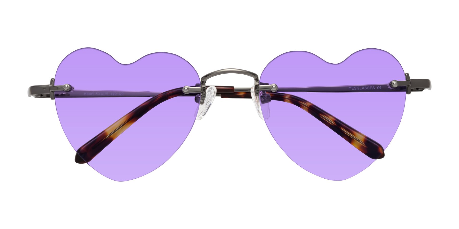 Folded Front of Heart in Gunmetal with Medium Purple Tinted Lenses