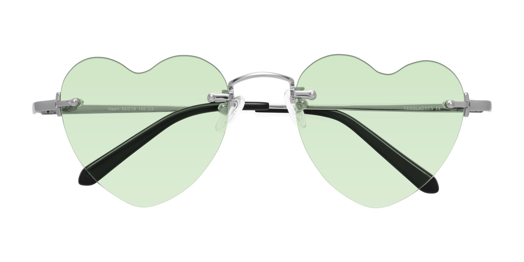 Folded Front of Heart in Silver with Light Green Tinted Lenses