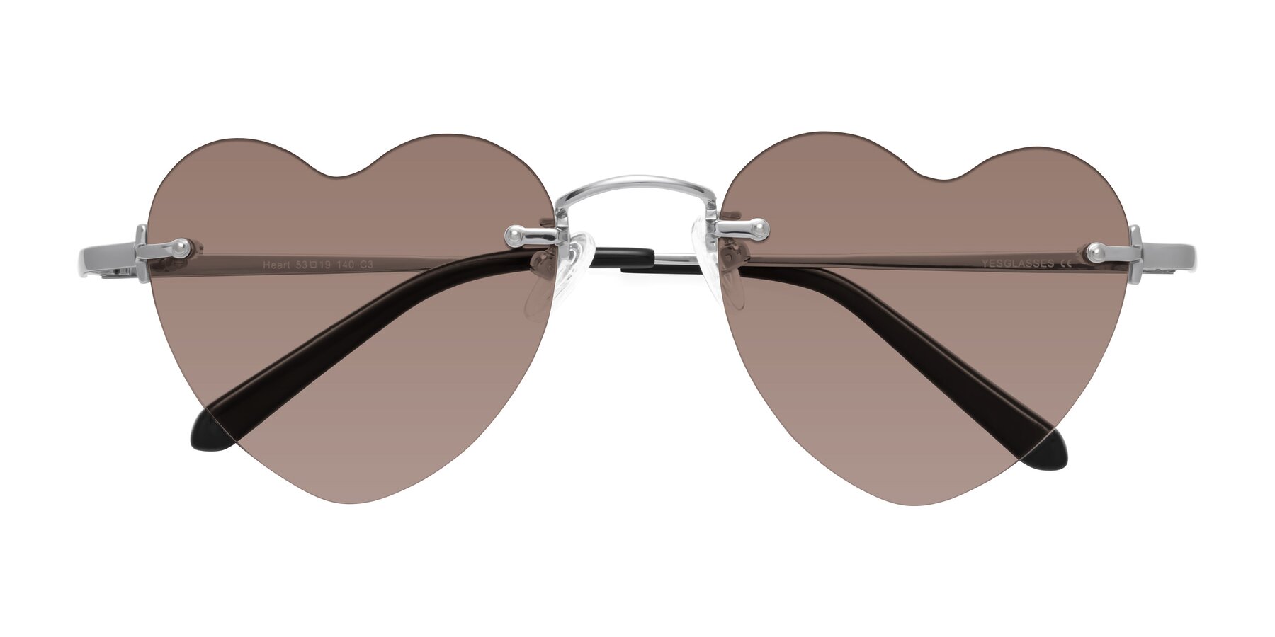 Folded Front of Heart in Silver with Medium Brown Tinted Lenses