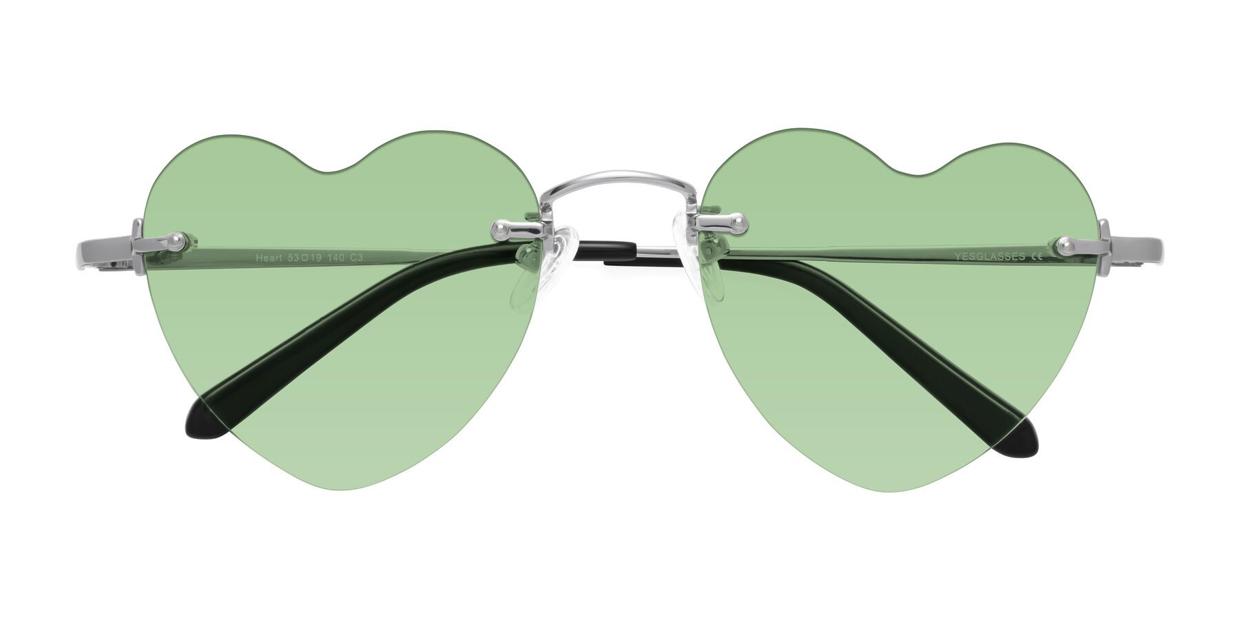 Folded Front of Heart in Silver with Medium Green Tinted Lenses