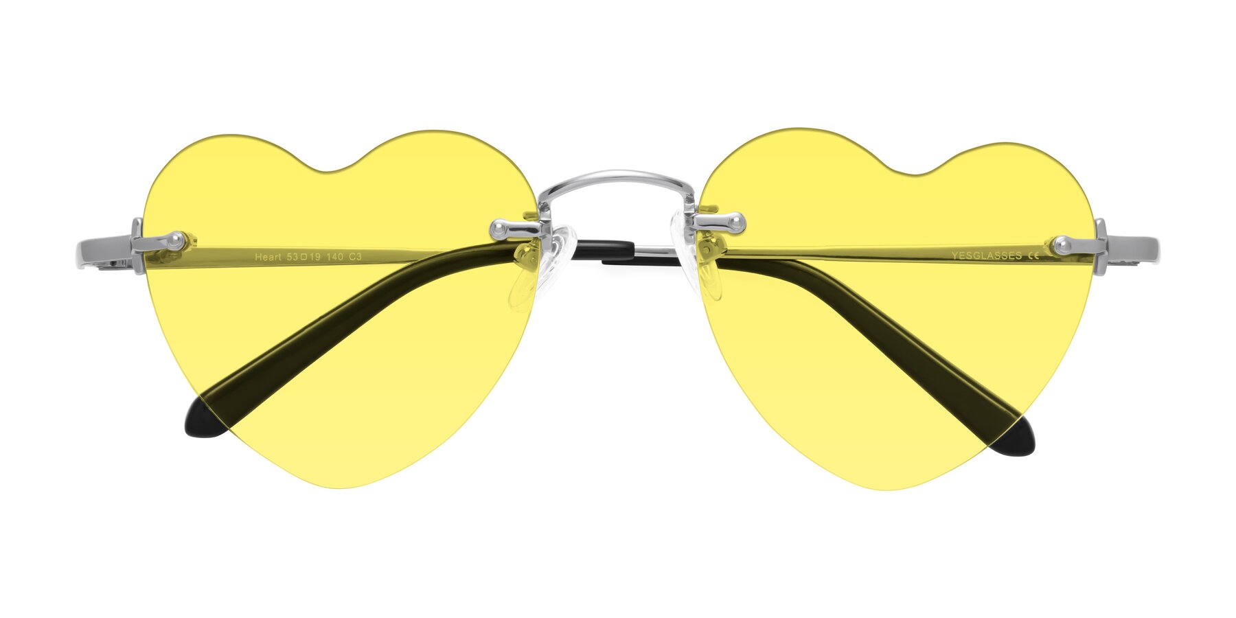 Folded Front of Heart in Silver with Medium Yellow Tinted Lenses