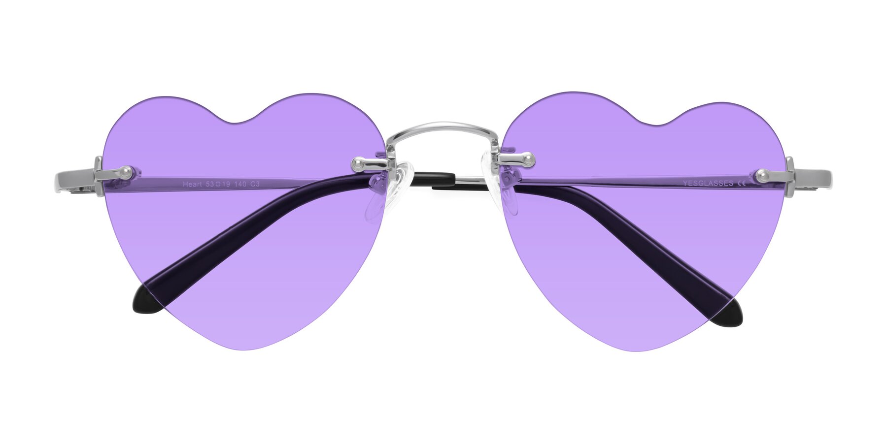 Folded Front of Heart in Silver with Medium Purple Tinted Lenses