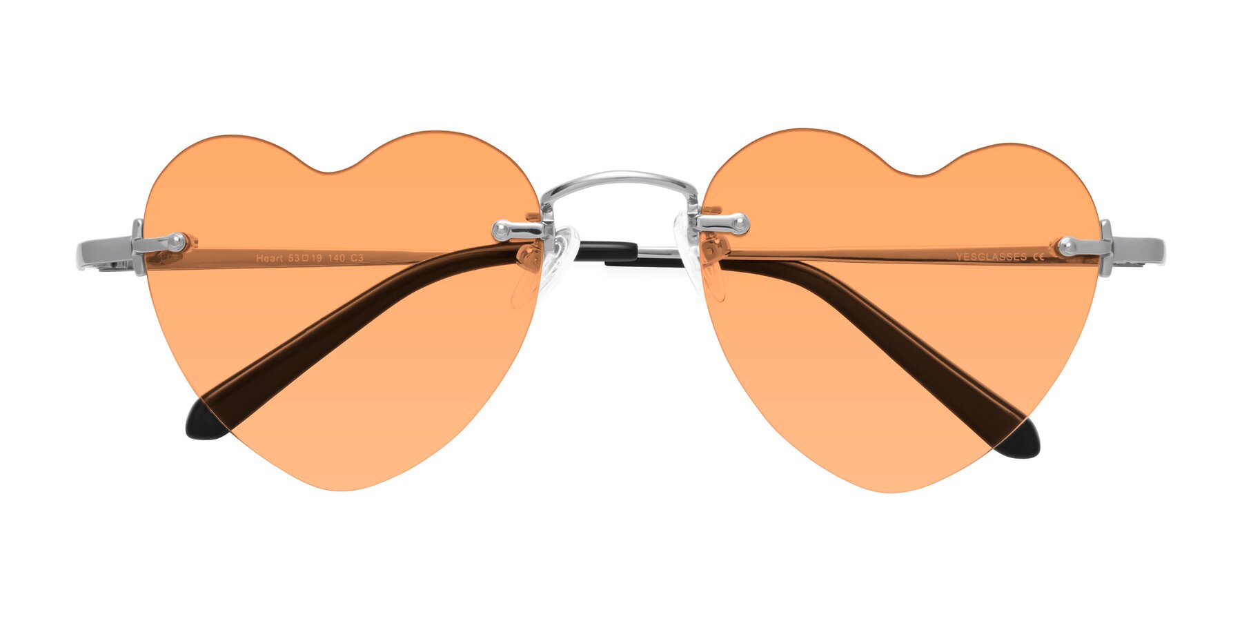 Folded Front of Heart in Silver with Medium Orange Tinted Lenses