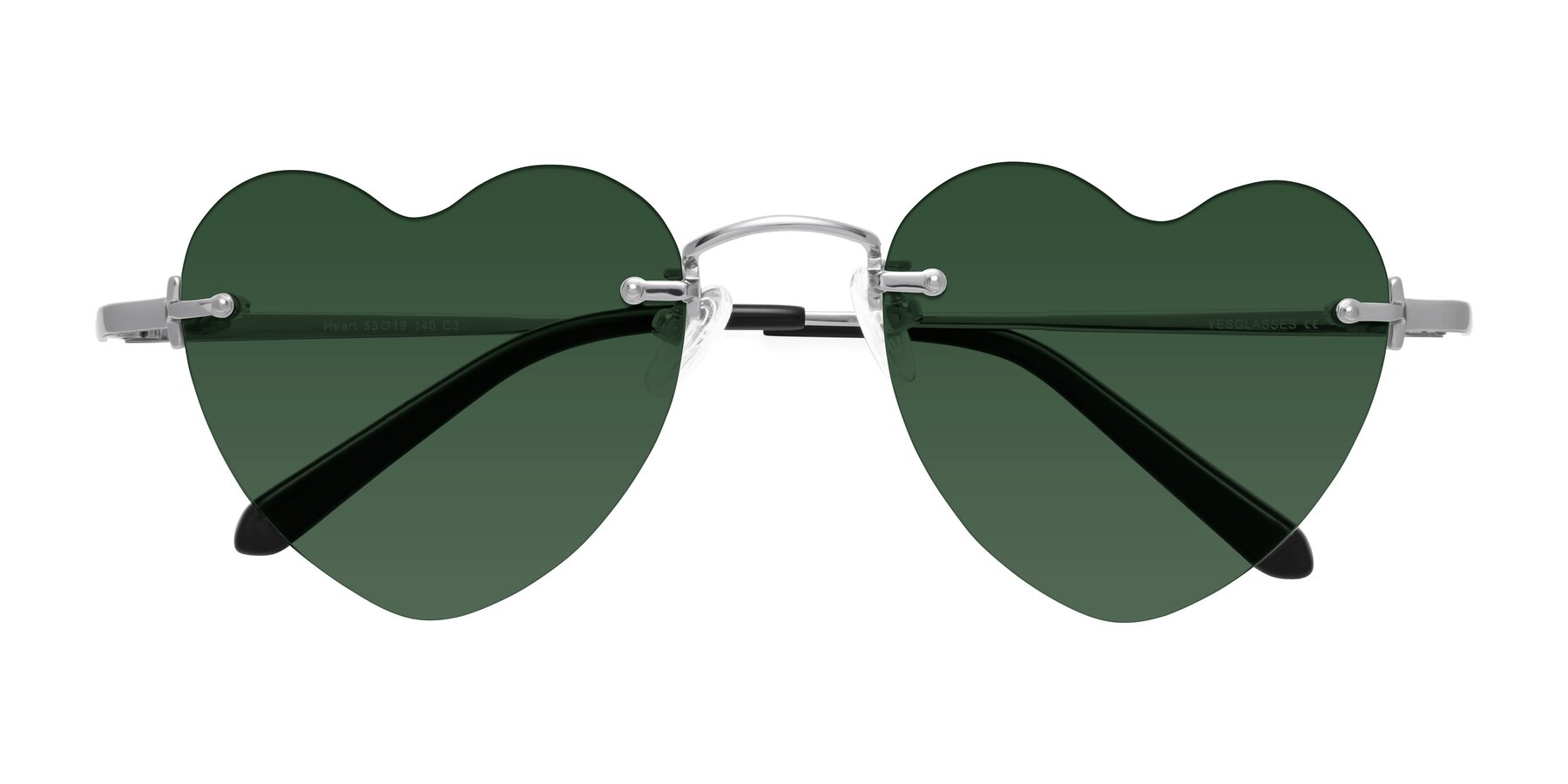 Folded Front of Heart in Silver with Green Tinted Lenses