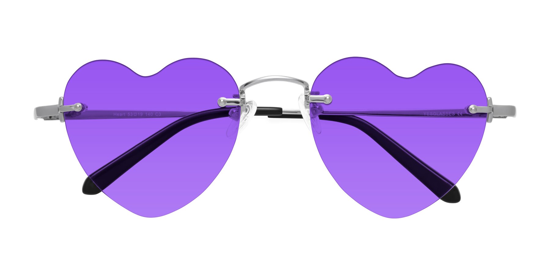 Folded Front of Heart in Silver with Purple Tinted Lenses