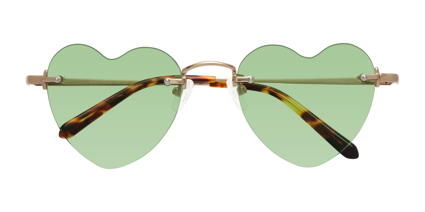 Folded Front of Heart in Rose Gold with Medium Green Tinted Lenses