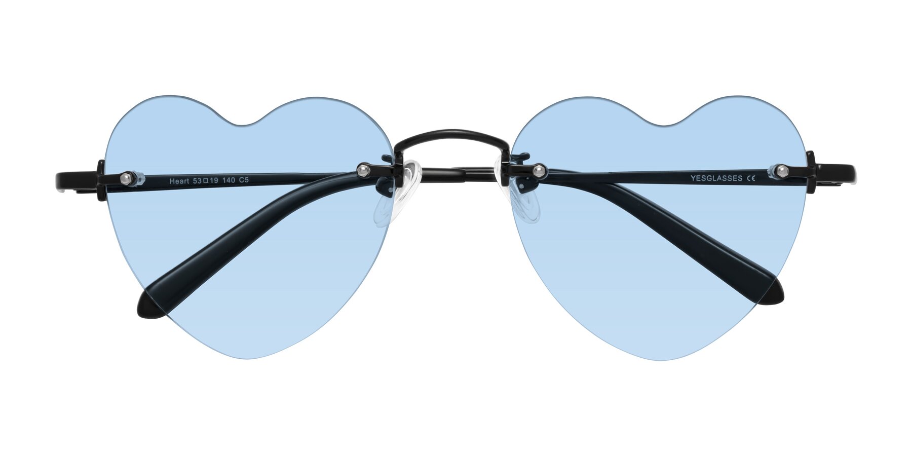 Folded Front of Heart in Black with Light Blue Tinted Lenses