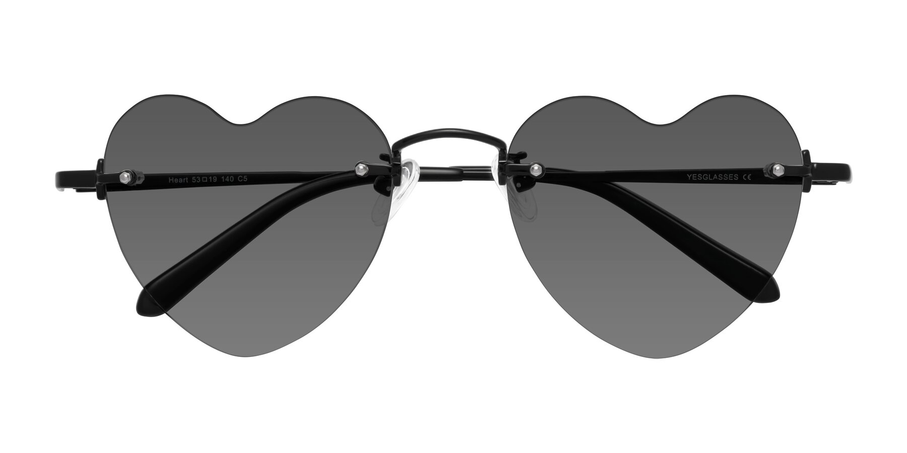 Folded Front of Heart in Black with Medium Gray Tinted Lenses