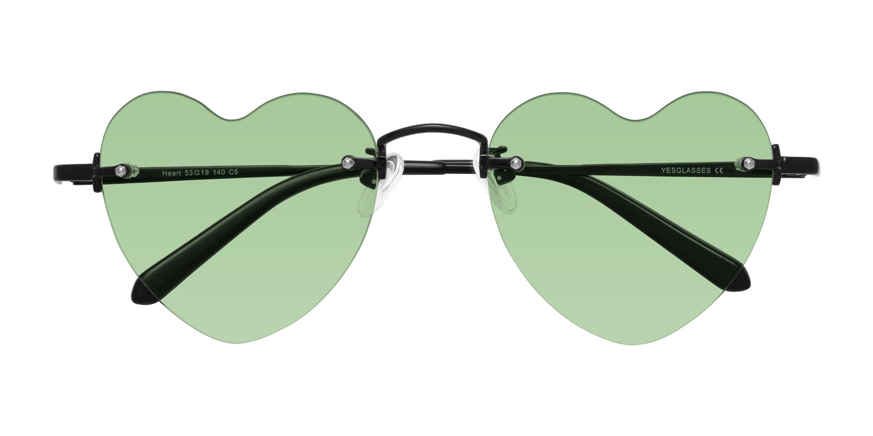 Folded Front of Heart in Black with Medium Green Tinted Lenses