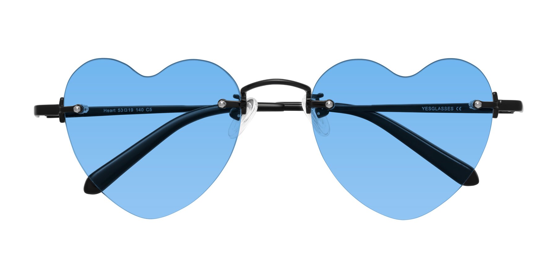 Folded Front of Heart in Black with Medium Blue Tinted Lenses