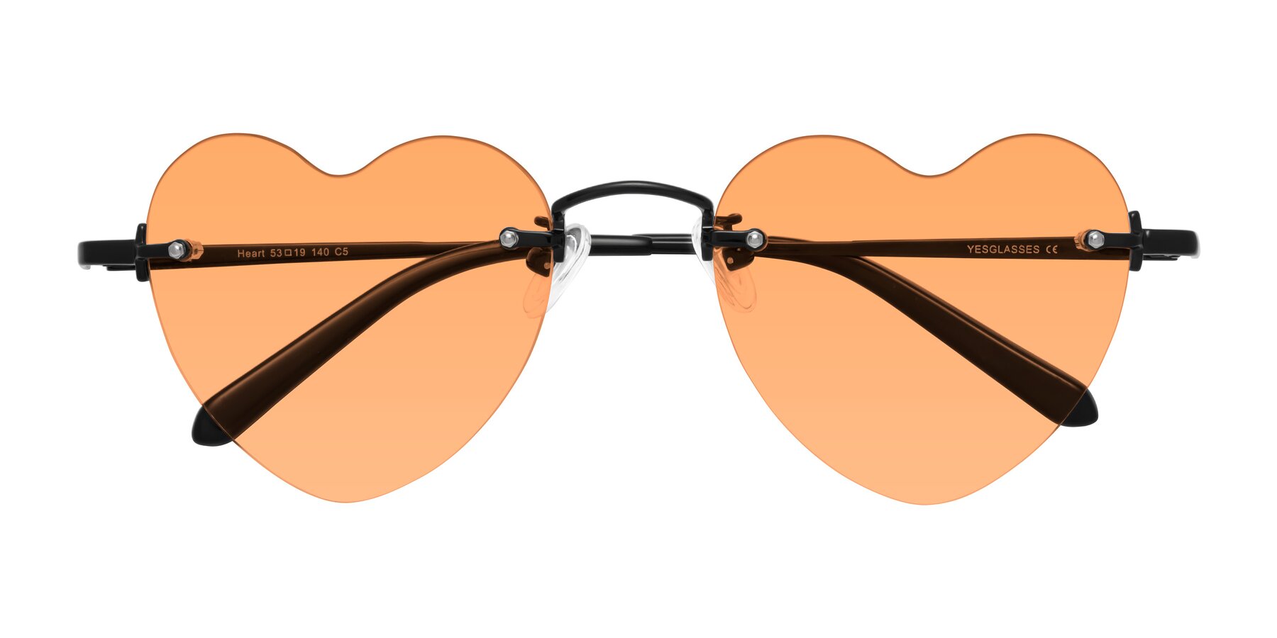 Folded Front of Heart in Black with Medium Orange Tinted Lenses