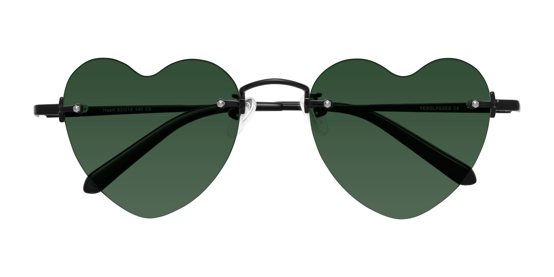 Folded Front of Heart in Black with Green Tinted Lenses