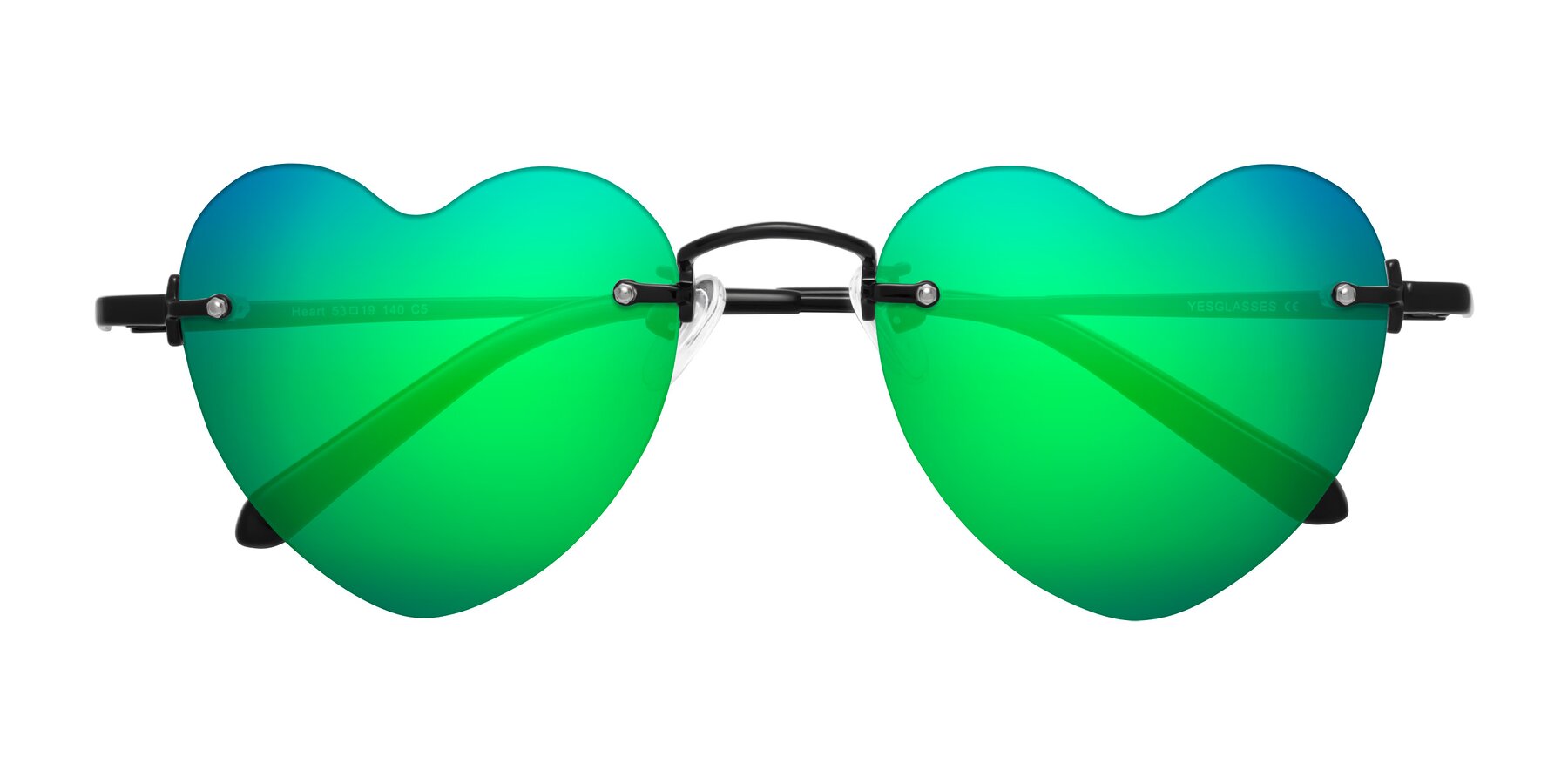 Folded Front of Heart in Black with Green Mirrored Lenses