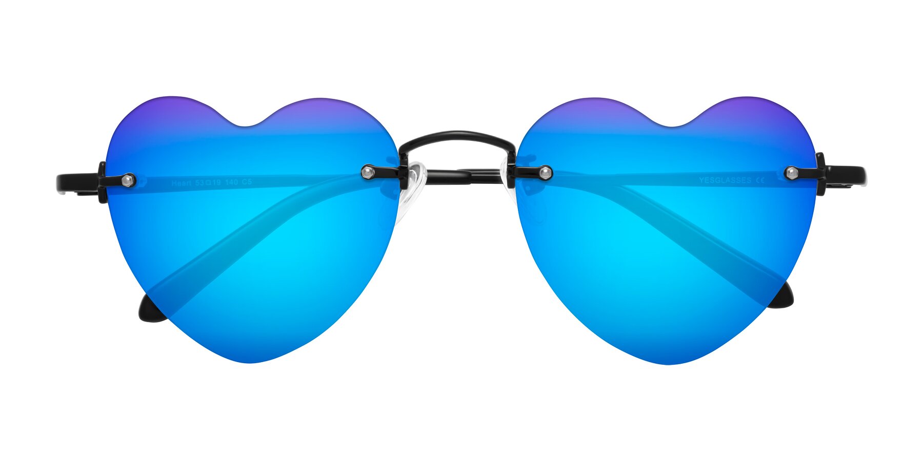 Folded Front of Heart in Black with Blue Mirrored Lenses