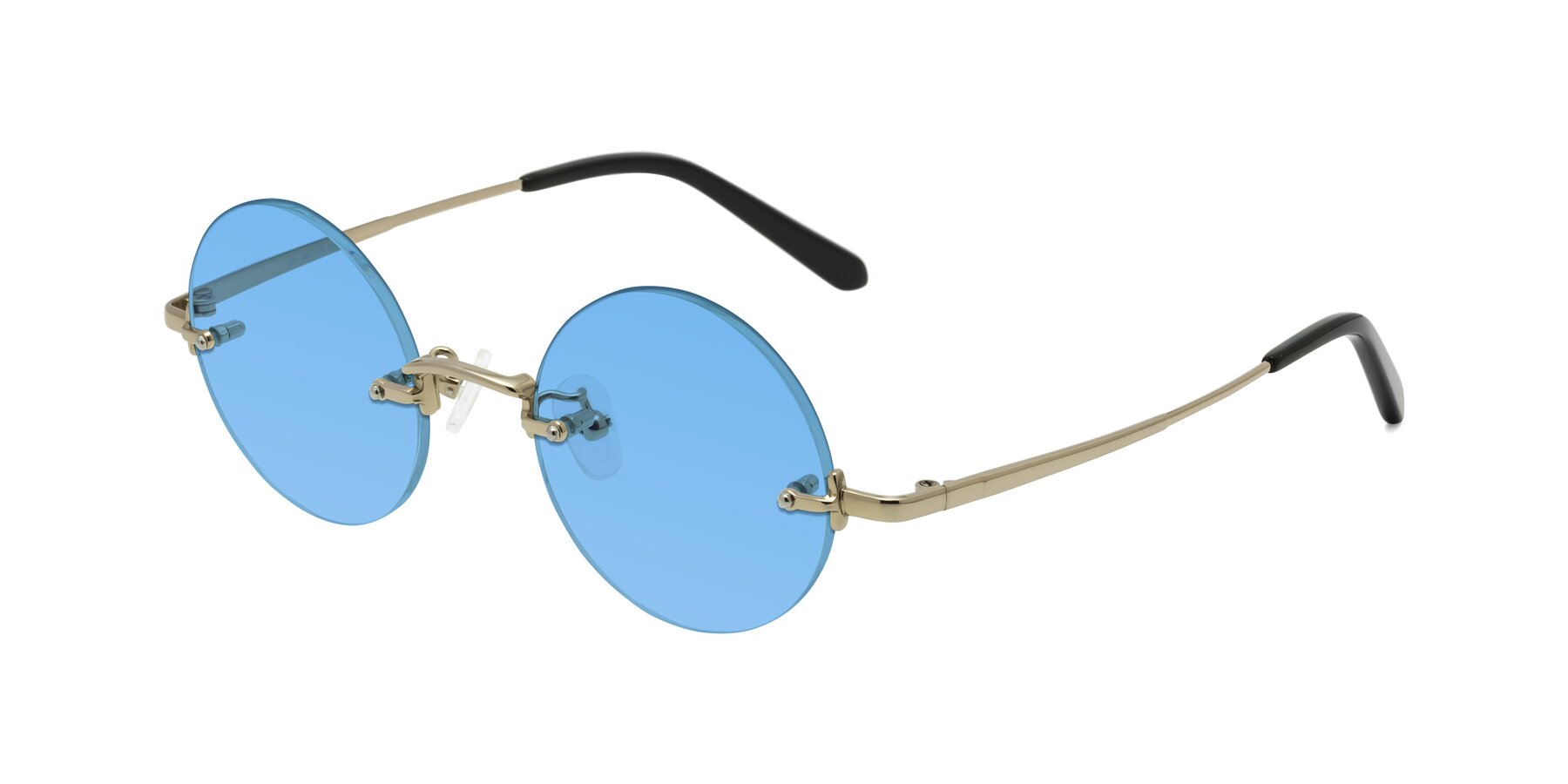 Angle of Jen in Gold with Medium Blue Tinted Lenses