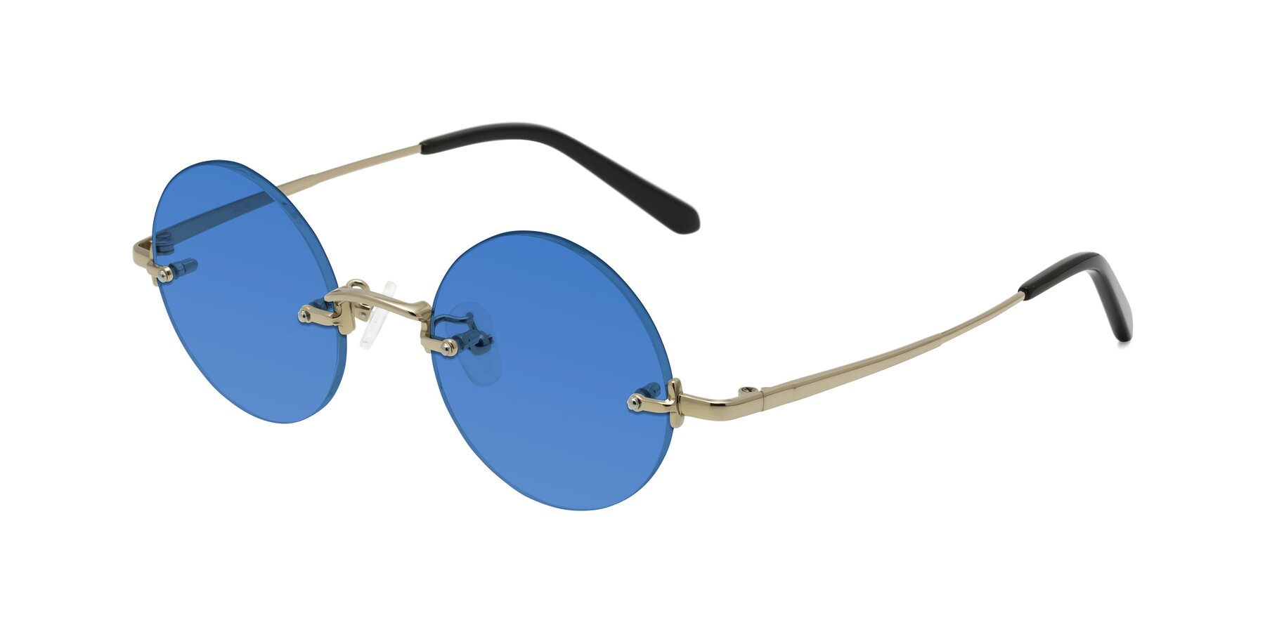 Angle of Jen in Gold with Blue Tinted Lenses