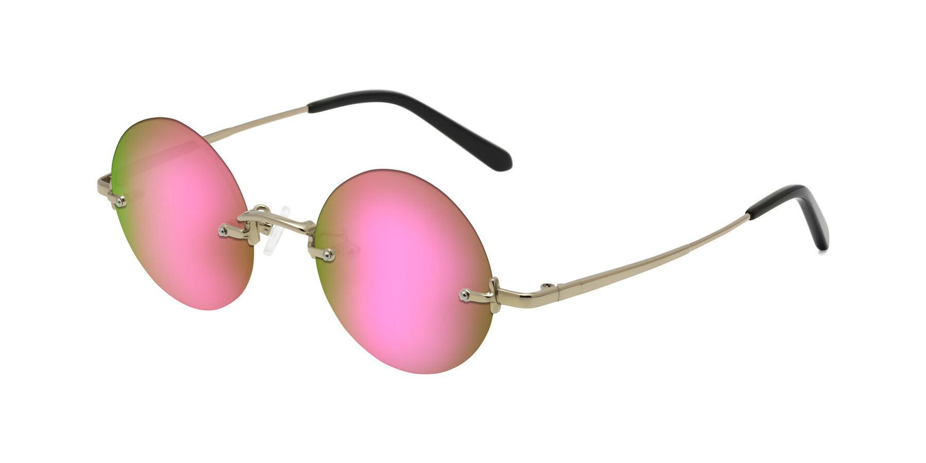 Angle of Jen in Gold with Pink Mirrored Lenses