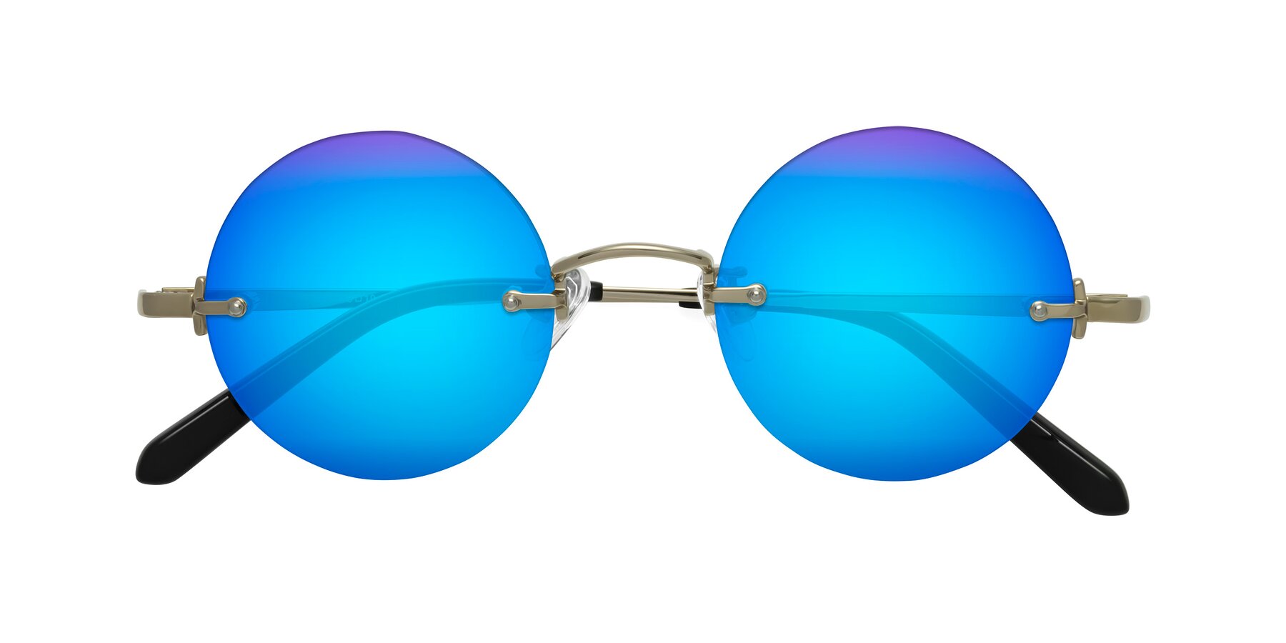 Folded Front of Jen in Gold with Blue Mirrored Lenses