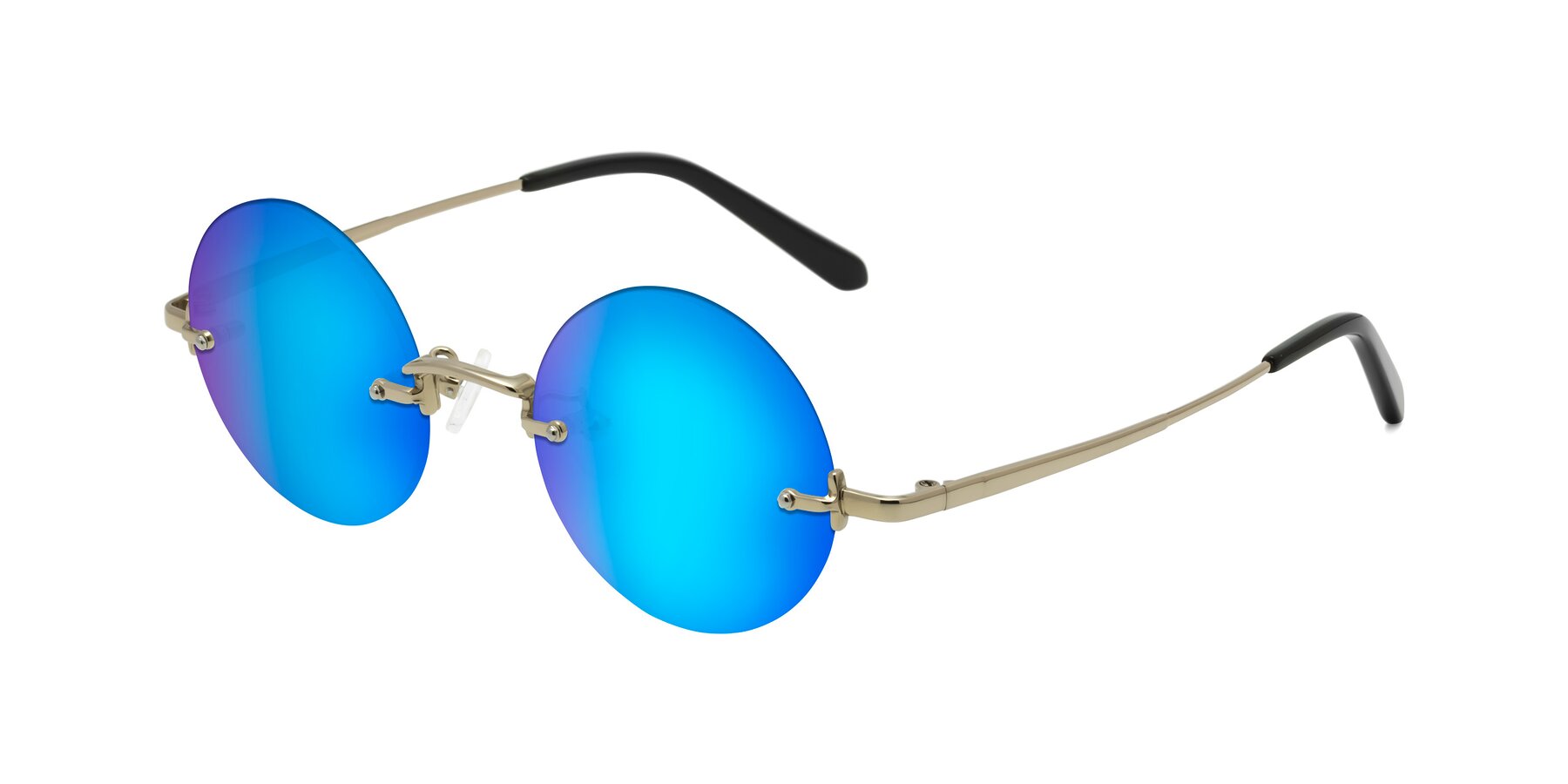 Angle of Jen in Gold with Blue Mirrored Lenses