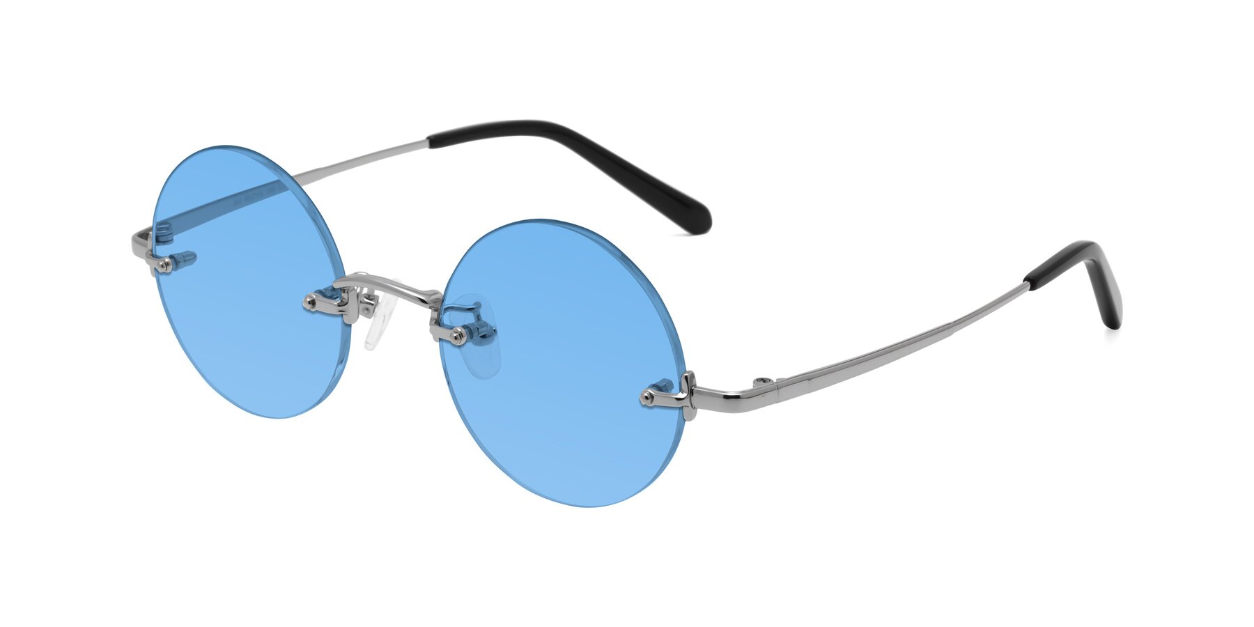 Angle of Jen in Silver with Medium Blue Tinted Lenses