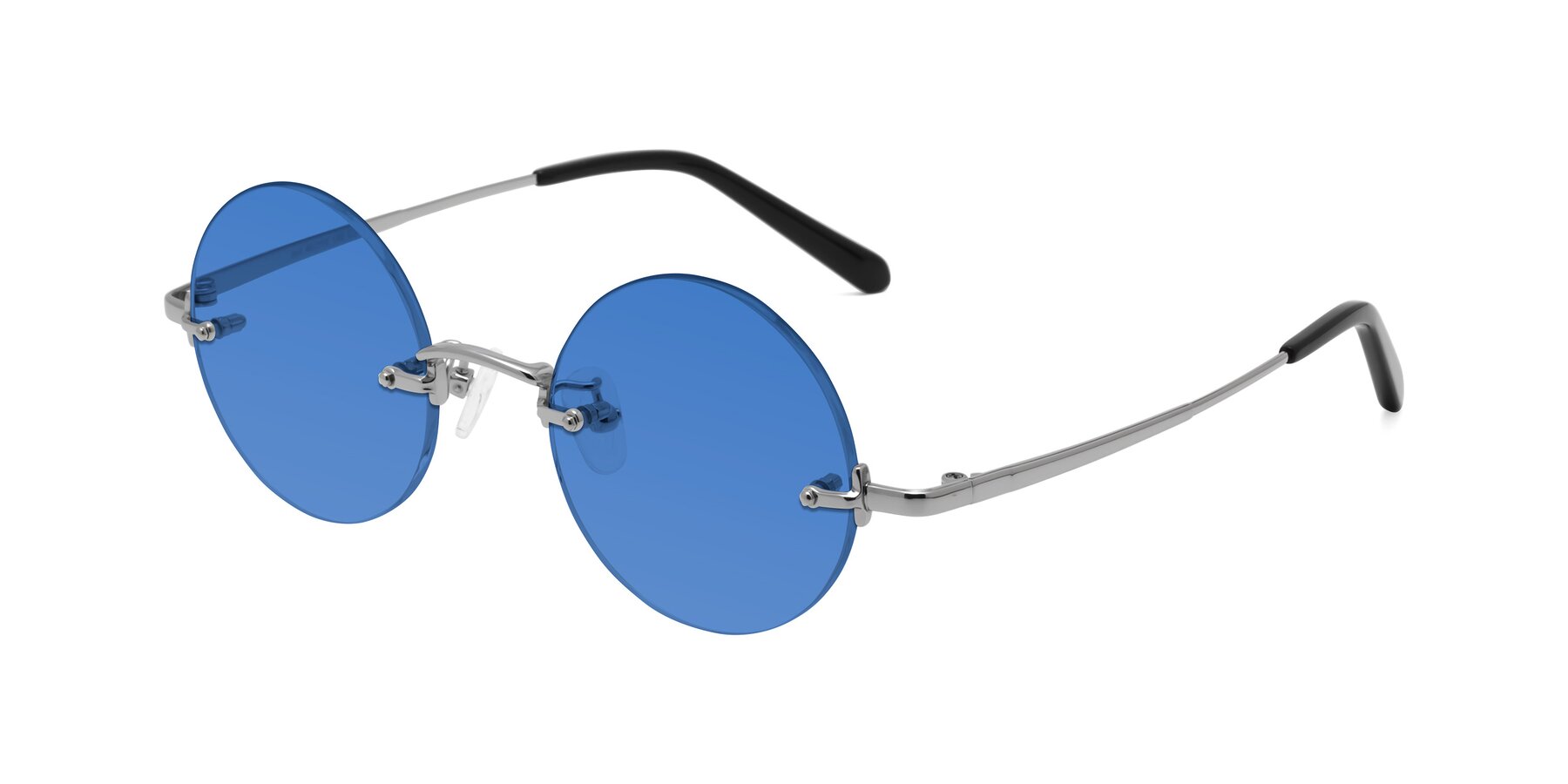 Angle of Jen in Silver with Blue Tinted Lenses