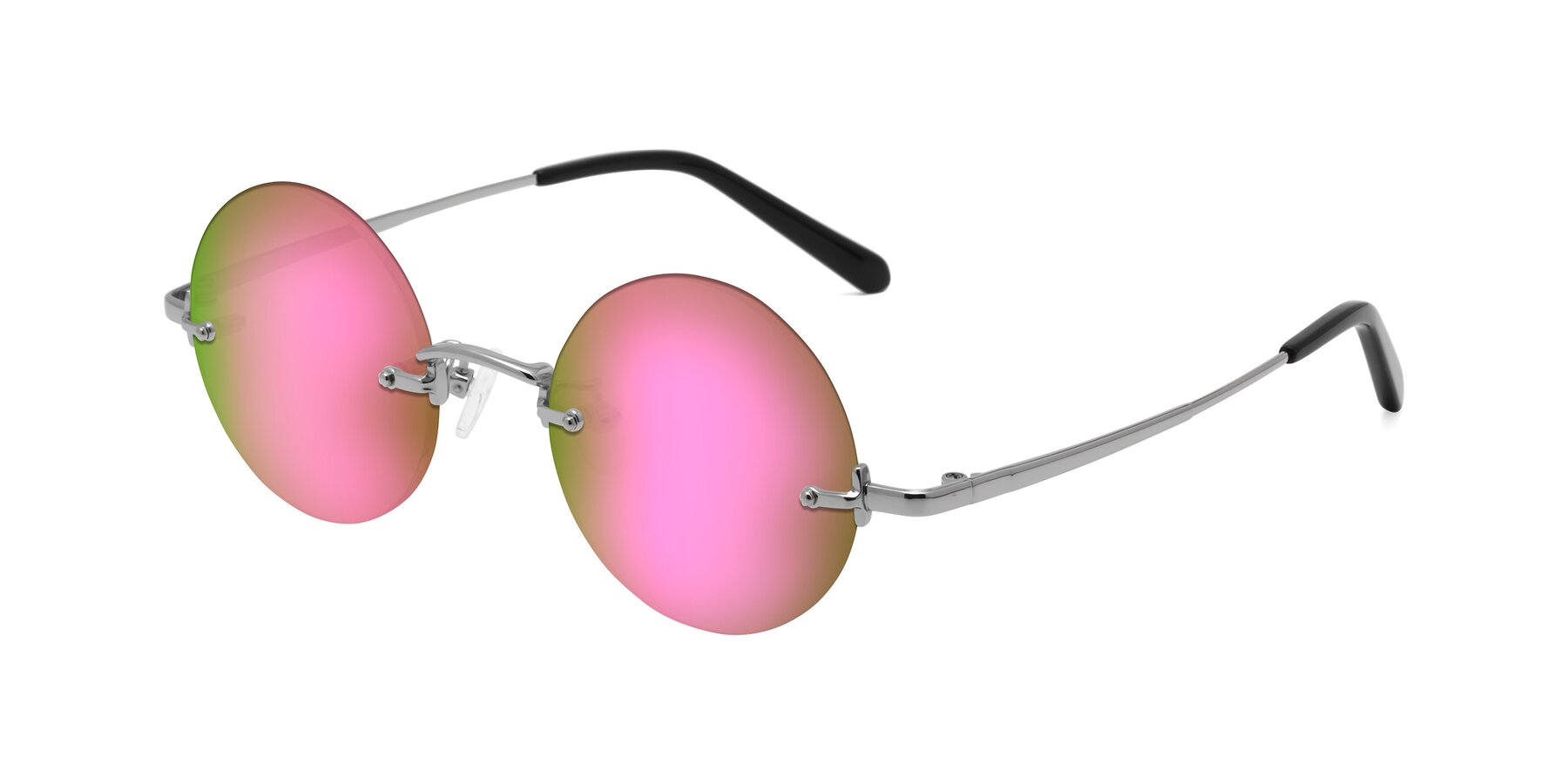 Angle of Jen in Silver with Pink Mirrored Lenses