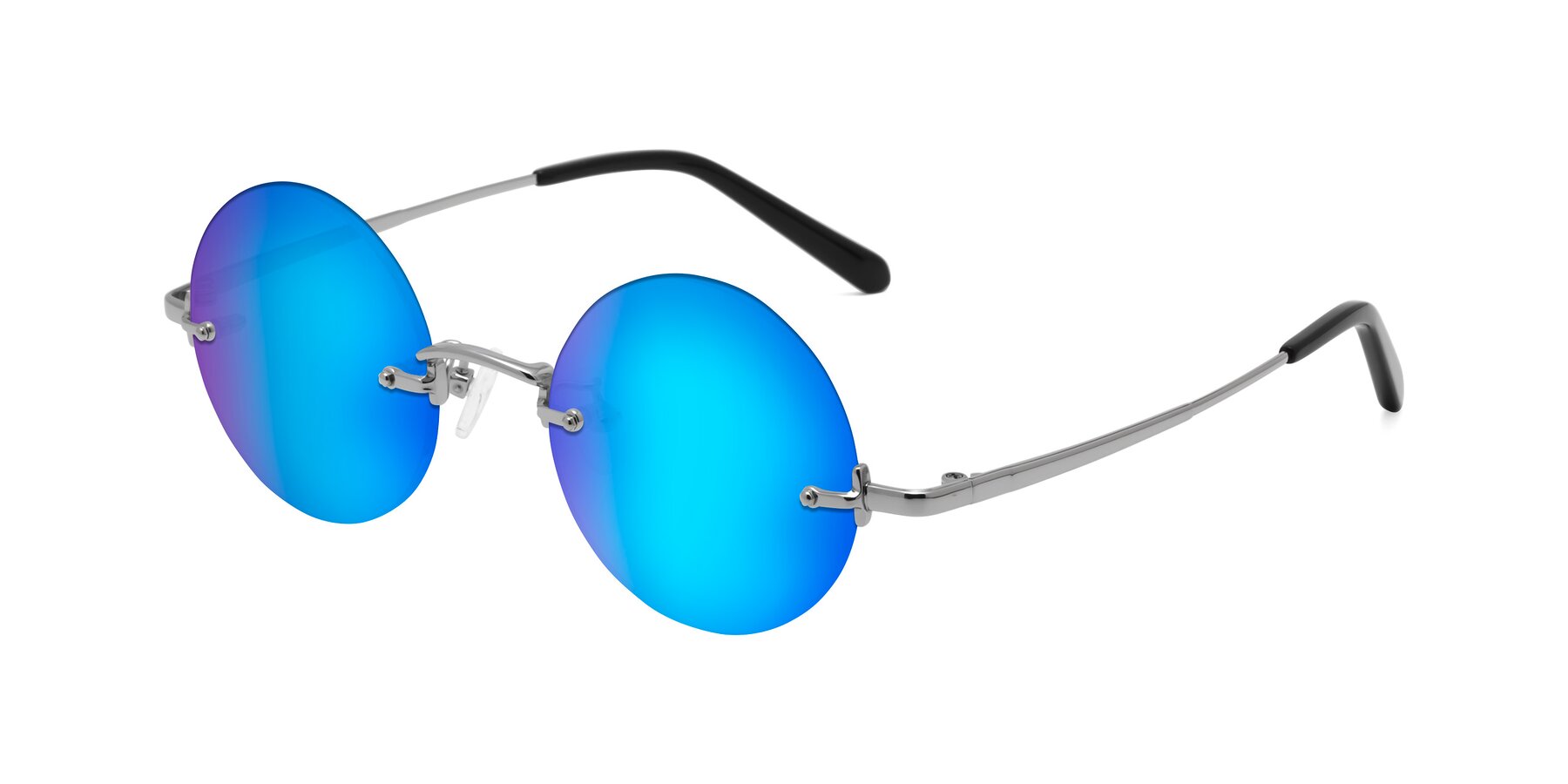 Angle of Jen in Silver with Blue Mirrored Lenses