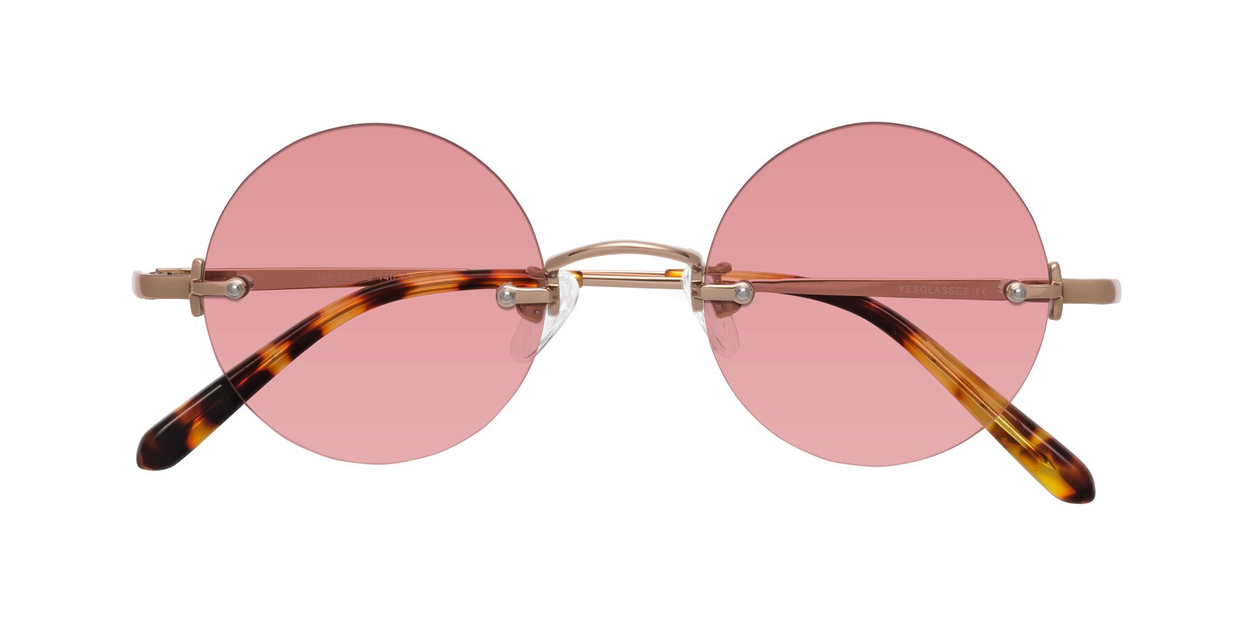 Folded Front of Jen in Rose Gold with Medium Garnet Tinted Lenses