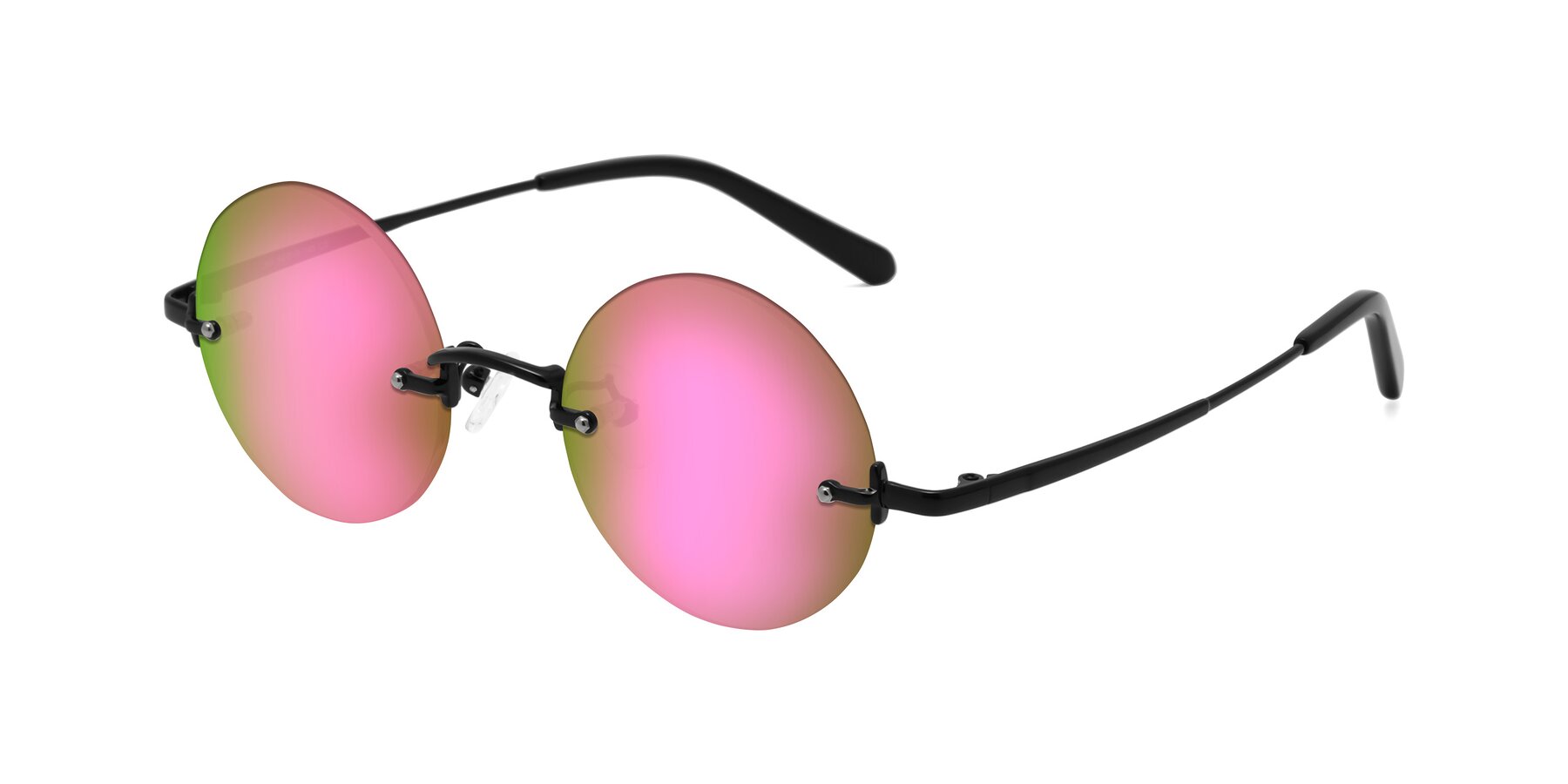 Angle of Jen in Black with Pink Mirrored Lenses