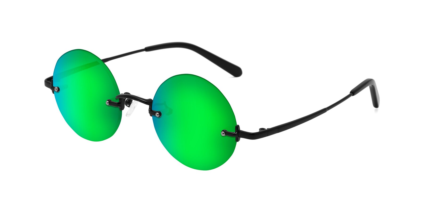 Angle of Jen in Black with Green Mirrored Lenses