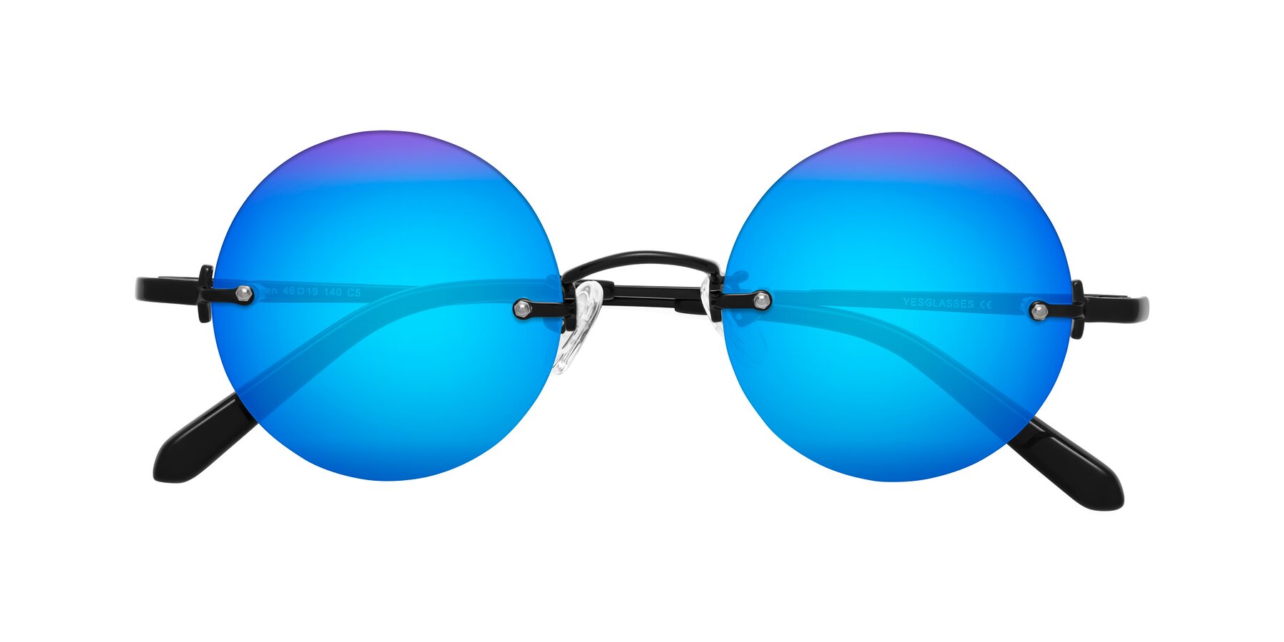 Folded Front of Jen in Black with Blue Mirrored Lenses