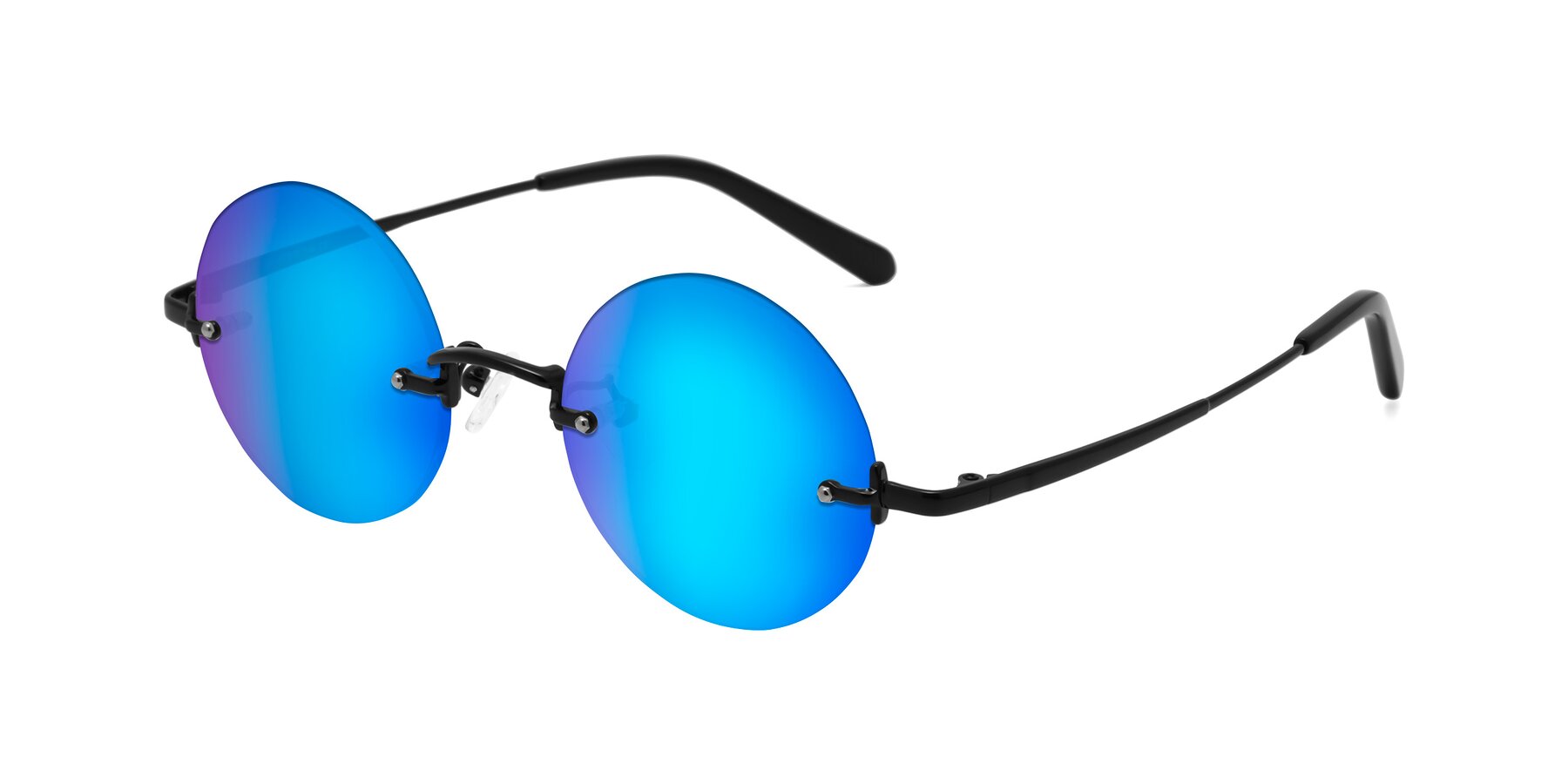 Angle of Jen in Black with Blue Mirrored Lenses