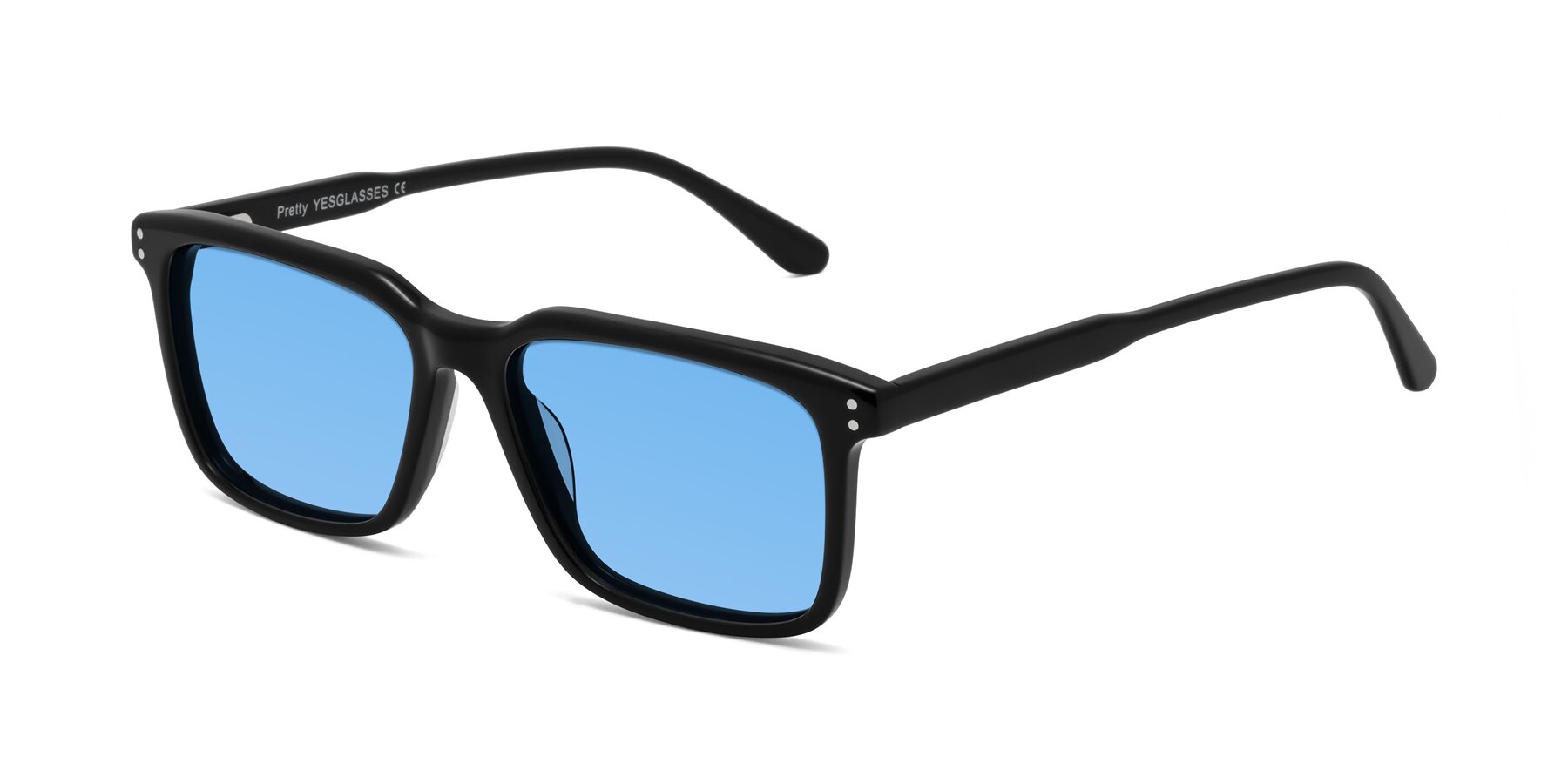 Angle of Pretty in Black with Medium Blue Tinted Lenses