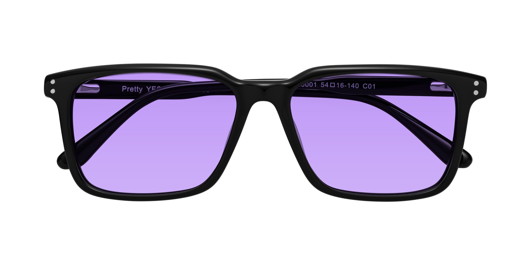 Folded Front of Pretty in Black with Medium Purple Tinted Lenses