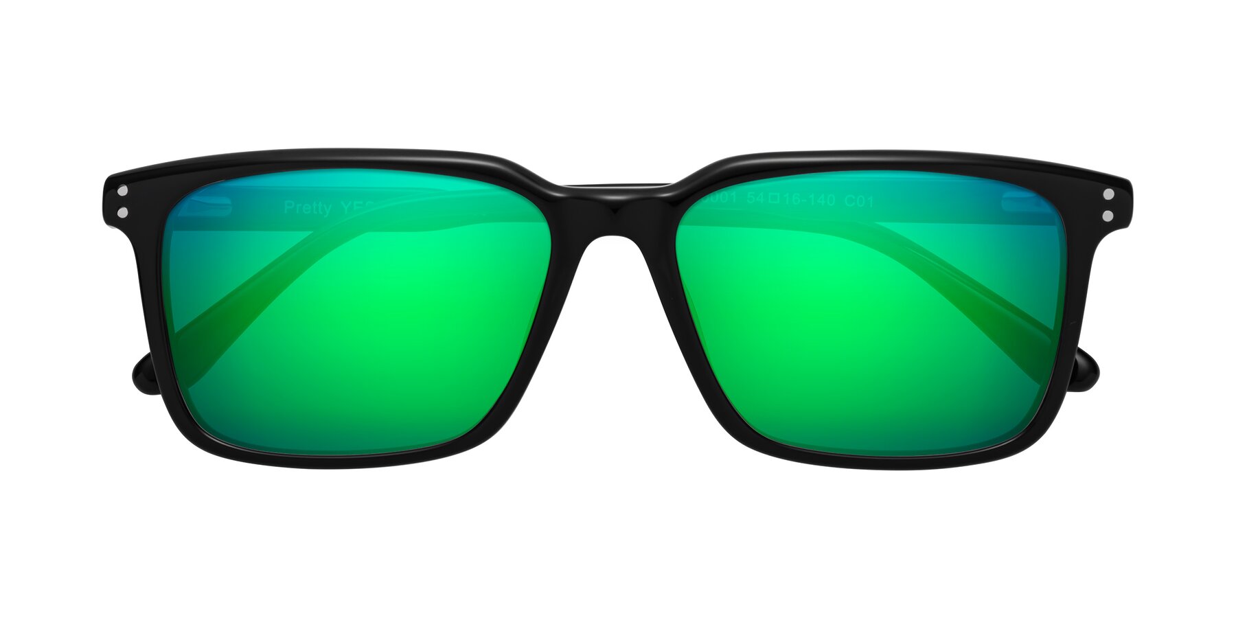 Folded Front of Pretty in Black with Green Mirrored Lenses