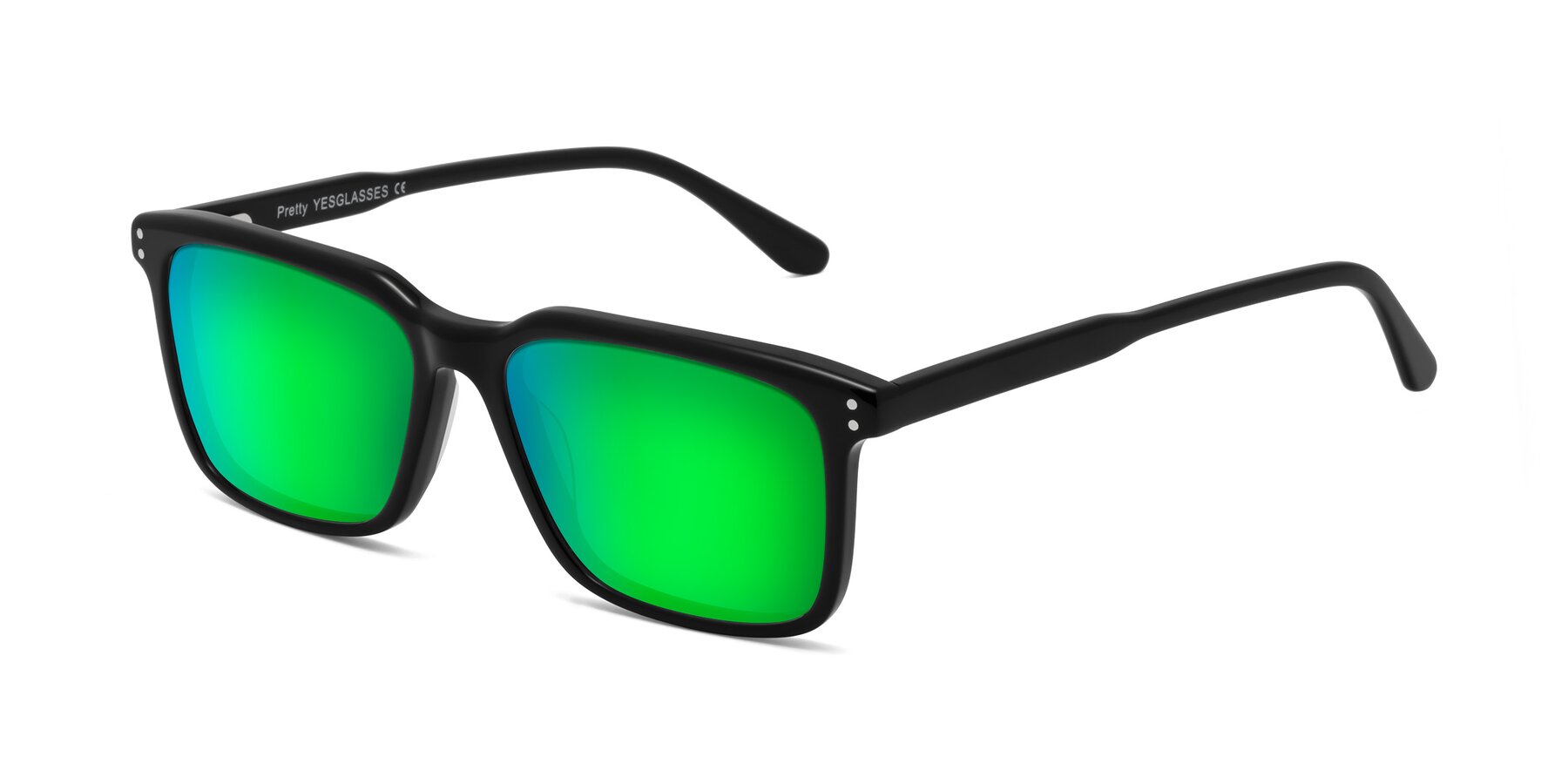 Angle of Pretty in Black with Green Mirrored Lenses