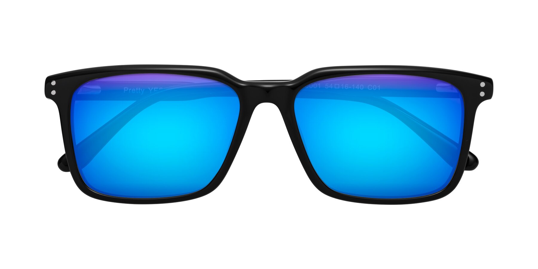 Folded Front of Pretty in Black with Blue Mirrored Lenses