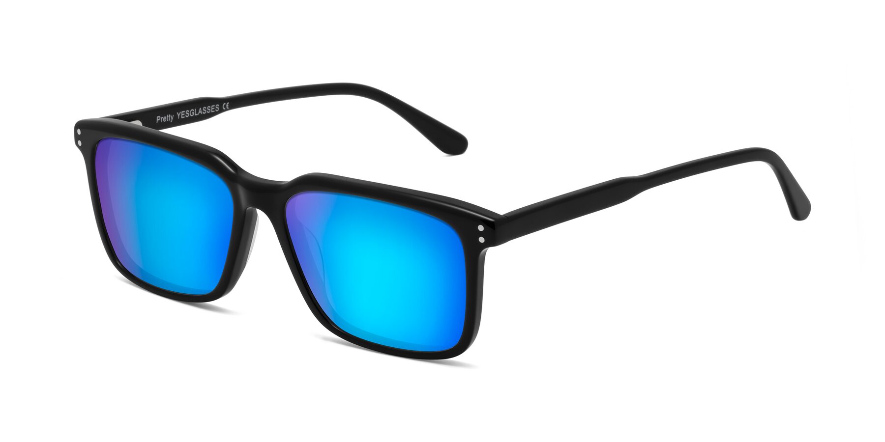 Angle of Pretty in Black with Blue Mirrored Lenses