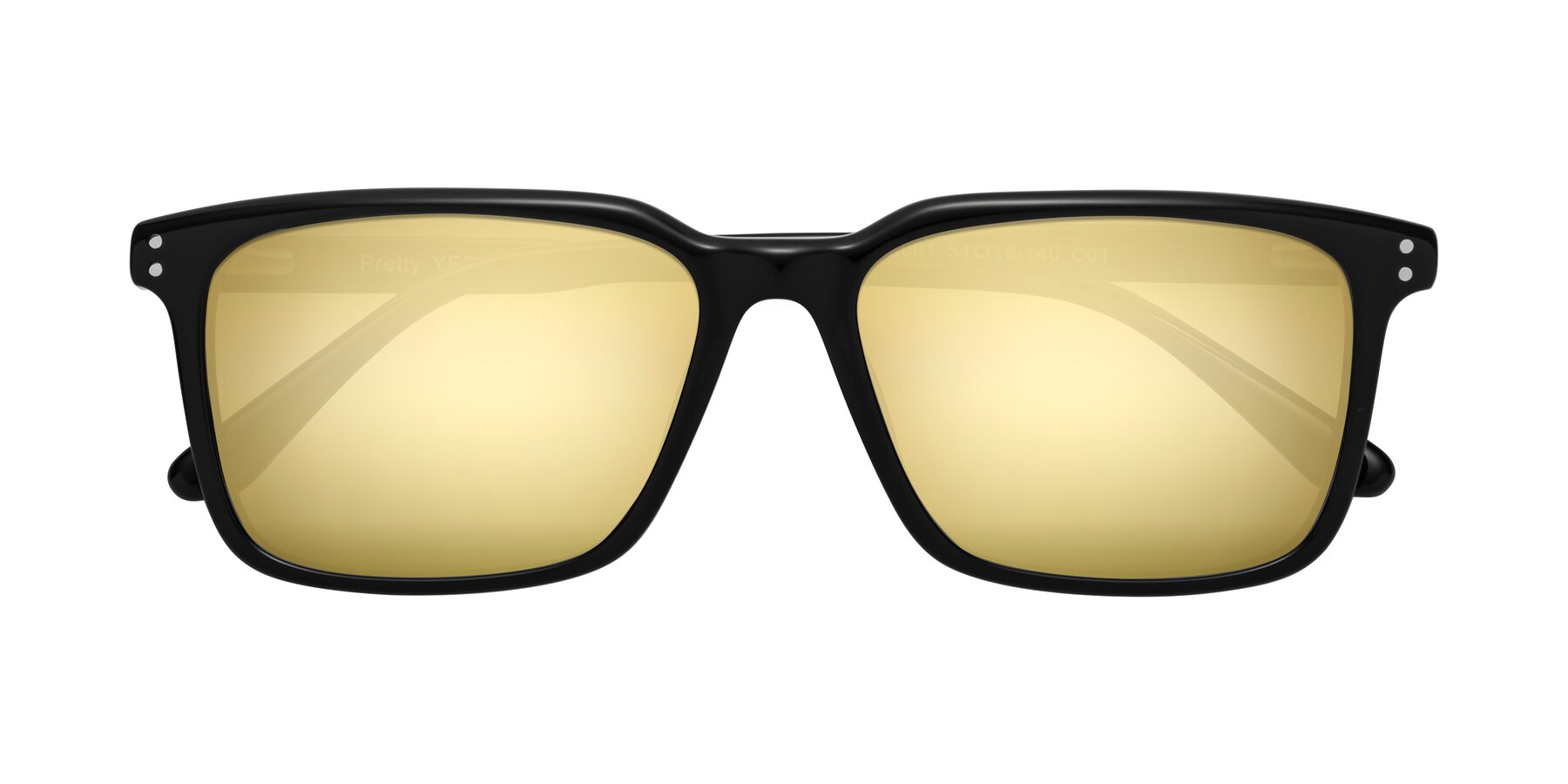 Folded Front of Pretty in Black with Gold Mirrored Lenses