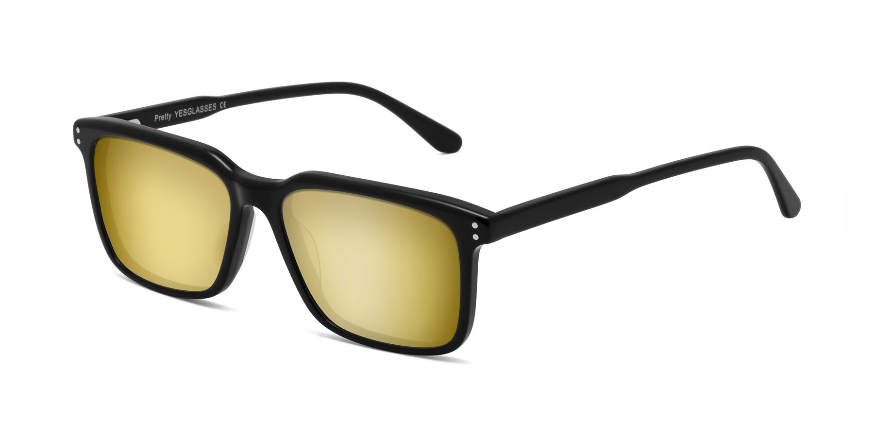 Angle of Pretty in Black with Gold Mirrored Lenses