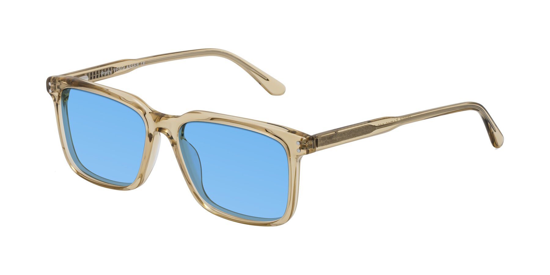 Angle of Pretty in Champagne with Medium Blue Tinted Lenses