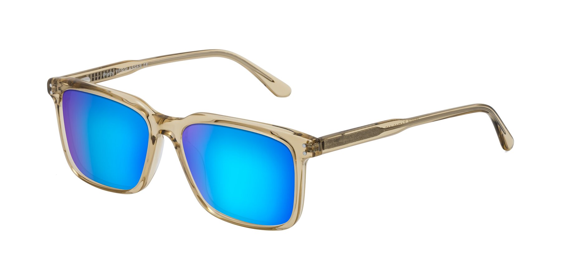 Angle of Pretty in Champagne with Blue Mirrored Lenses