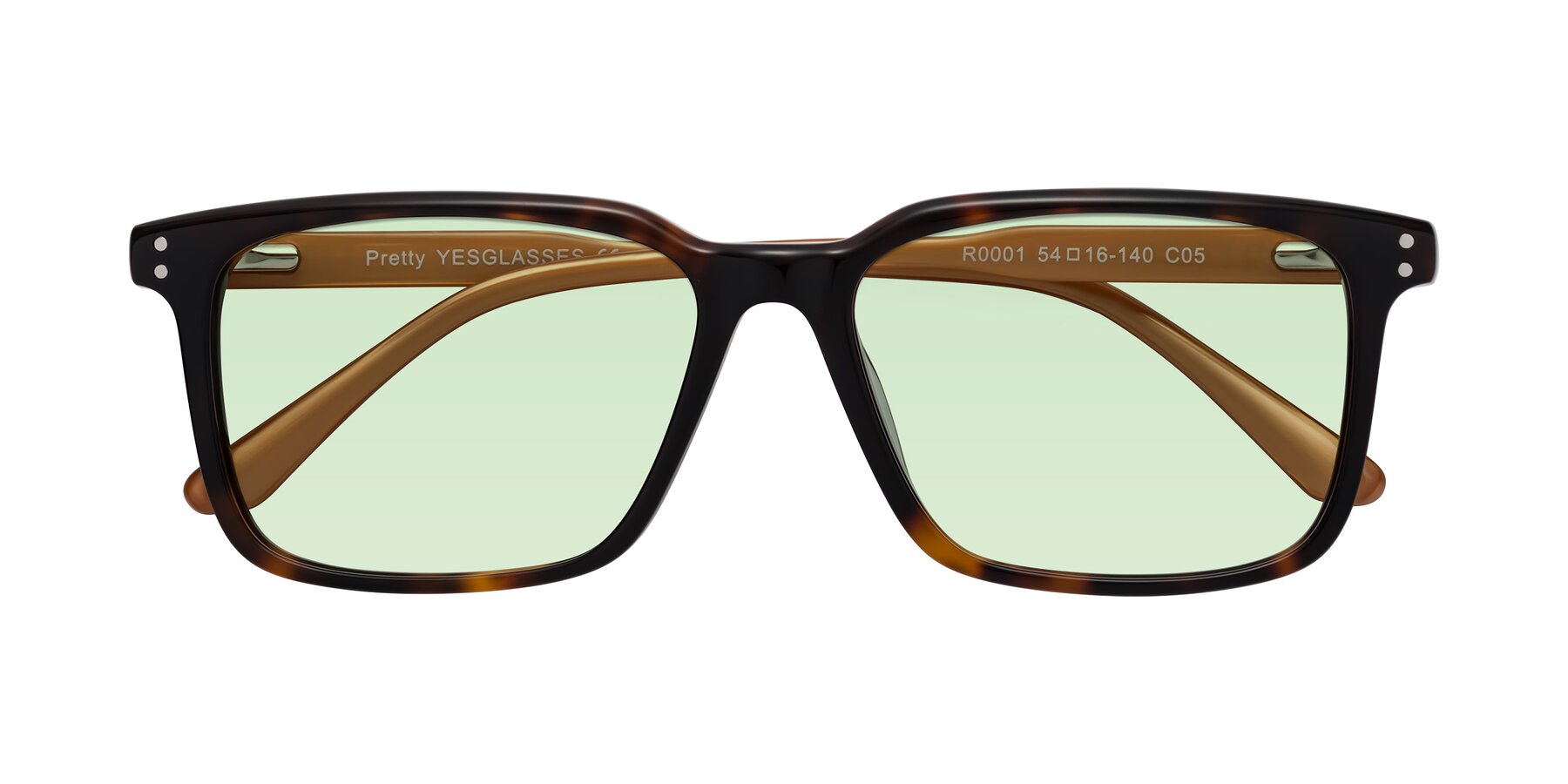 Folded Front of Pretty in Tortoise-Caramel with Light Green Tinted Lenses