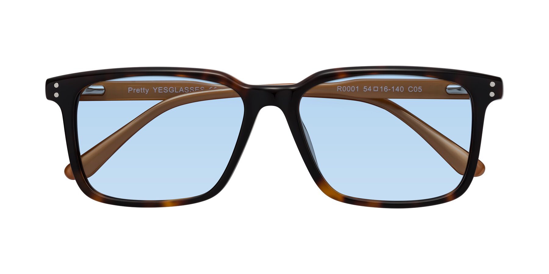 Folded Front of Pretty in Tortoise-Caramel with Light Blue Tinted Lenses