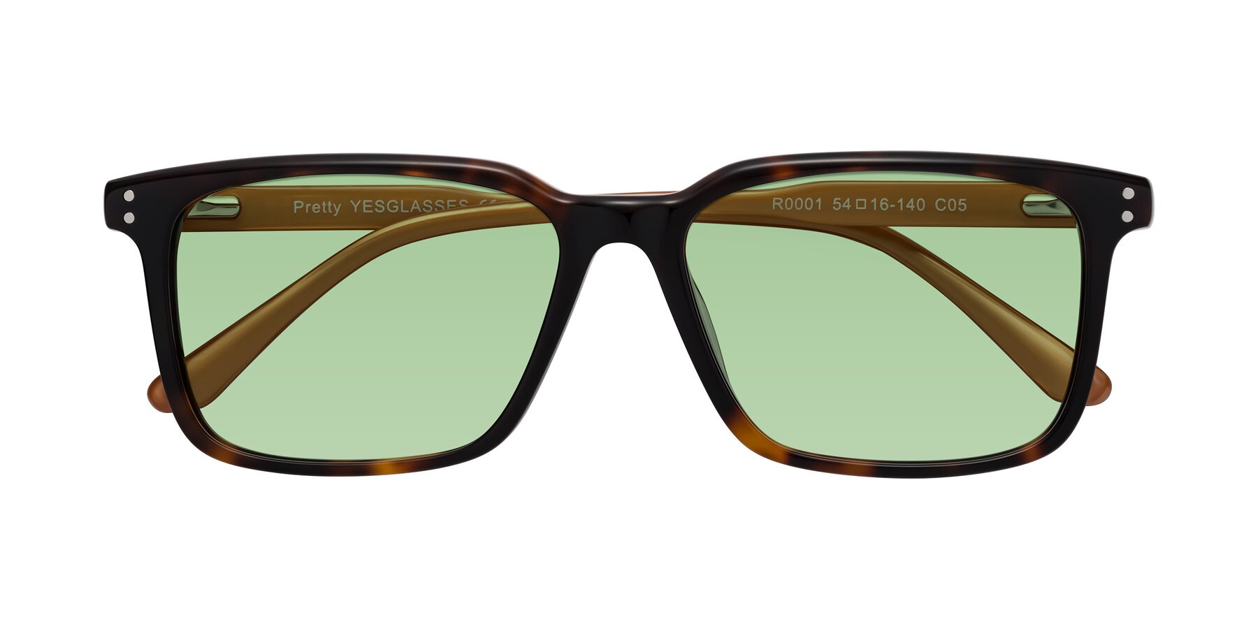 Folded Front of Pretty in Tortoise-Caramel with Medium Green Tinted Lenses