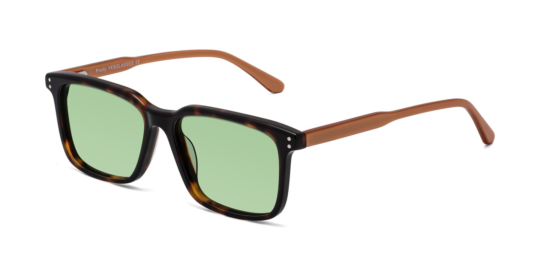 Angle of Pretty in Tortoise-Caramel with Medium Green Tinted Lenses