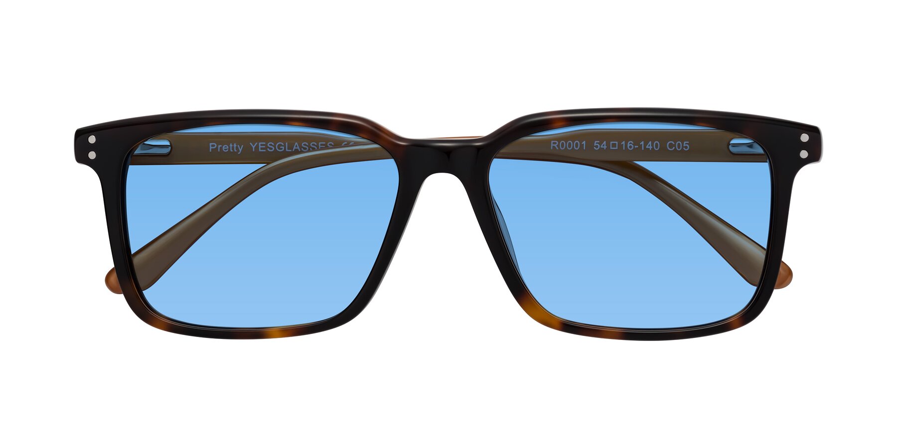 Folded Front of Pretty in Tortoise-Caramel with Medium Blue Tinted Lenses